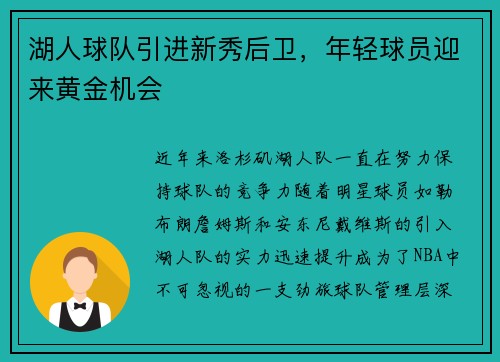 湖人球队引进新秀后卫，年轻球员迎来黄金机会