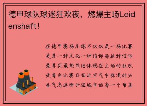 德甲球队球迷狂欢夜，燃爆主场Leidenshaft！